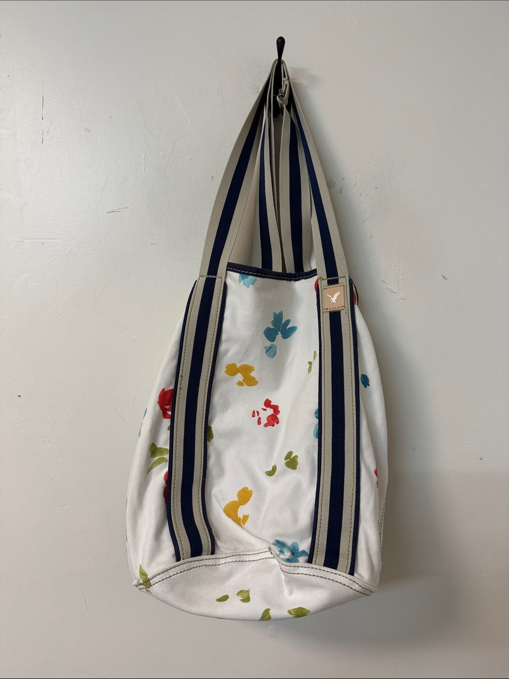 American Eagle Outfitters White Floral Canvas Tote with Navy Striped Handles